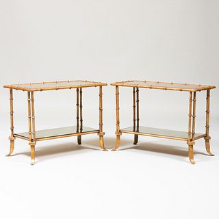 Pair of Modern Gilt-Metal Faux Bamboo and Mirrored Two-Tier Low Tables