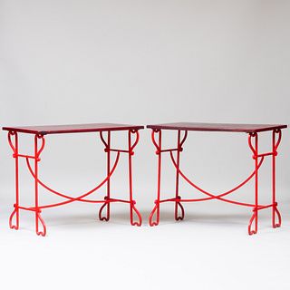 Pair of Modern Red Painted Oak and Metal Side Tables
