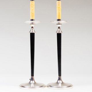 Pair of Leather and Silver Metal Candlestick Lamps, in the Manner of Andre Arbus