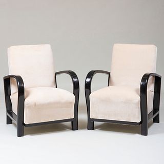 Pair of French Art Deco Style Ebonized Armchairs