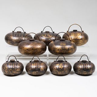 Group of Nine Inlaid Asian Metal Pots