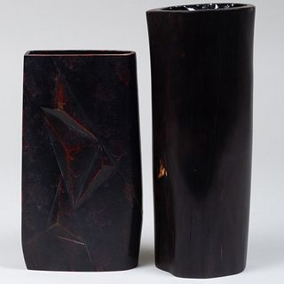 Art Deco Style Patinated Metal Vase and a Natural Wood Vase