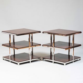 Pair of Modern Chrome and Rosewood Two-Tiered Side Tables