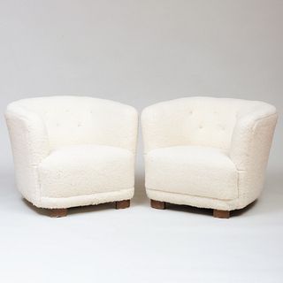 Pair of Faux Shearling Lounge Chairs, in the Style of Flemming Lassen