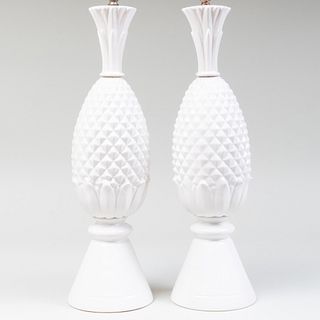 Pair of White Glazed Ceramic Pineapple Form Lamps