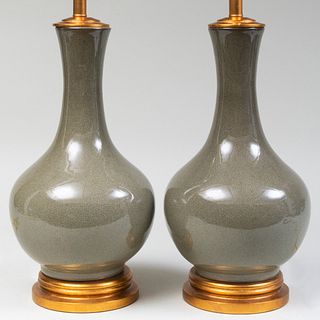 Pair of Modern Crackled Glazed Porcelain Table Lamps