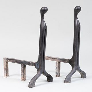 Art Deco Style Patinated Metal Andirons