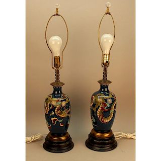 Pair of Antique Chinese Cloisonne Dragon Lamps