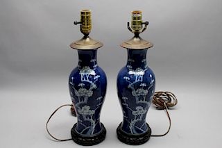 Pair 19th C. Chinese Hawthorn Pattern Lamps