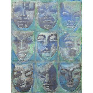 20th C. Signed 'Nine Faces' oil/board