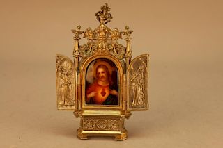 Antique Porcelain/Bronze Tryptich Icon of Jesus