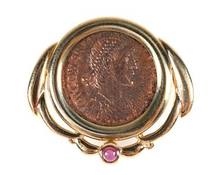 Roman Empire Constantius II Coin 14K Gold Setting