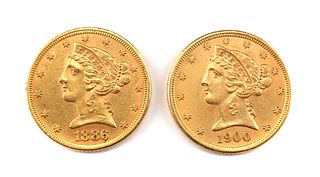 1886 and 1900 US $5 Five Dollar Gold Coins