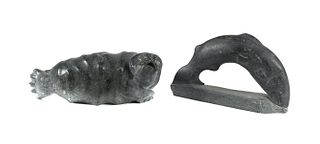 (2) Signed Inuit Stone Carvings Fish & Walrus