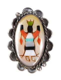 Sterling Turquoise Coral Inlay Corn Maiden Ring