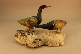 Pair of Stone Geese Mounted on Crystal Base