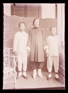 Antique 5x7 Glass Negative Chinese Woman Children