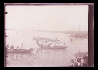 Antique 5x7 Glass Negative Chinese Ferry Boats