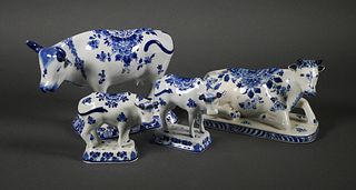(4) Vintage Delft Blue & White Porcelain Cows