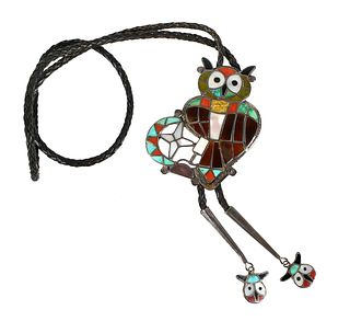 Sterling Turquoise Inlay Owl Bolo Tie 
