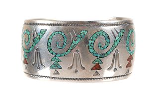 Sterling Turquoise Coral Inlay Cuff Bracelet