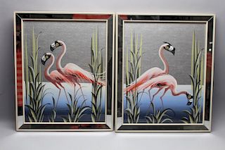 (2) Framed Flamingo Mixed Media paintings