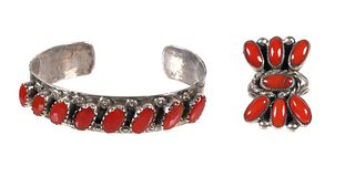 Sterling and Red Coral Cuff Bracelet with Ring
