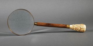Carved Ivory & Gold Handle Magnifying Glass 