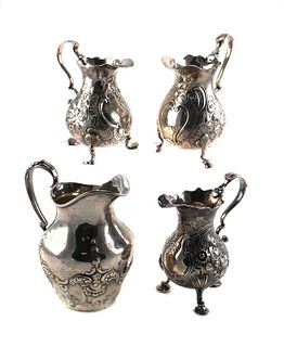 (4) Sterling Silver Floral Repousse Creamers 