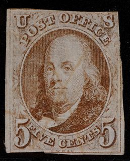 1847 Scott #1 5c Cent Imperforate Franklin Stamp