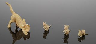 Miniature Ivory Carving Cat and 3 Mice Figurine