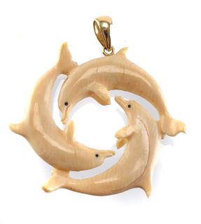 14K Gold and Ivory Dolphin Necklace Pendant