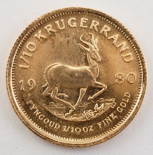 1980 South Africa 1/10 Ounce Gold Krugerrand Coin 