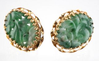 Chinese Carved Jade Earrings 14K Gold 