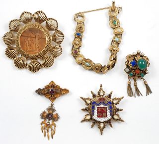 (5) Vintage Costume Jewelry, Brooch Pin Bracelet 
