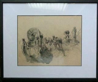 HAROLD BROWN BAKER western charcoal drawing 'Wagon', Alva, Parsons, sketch verso