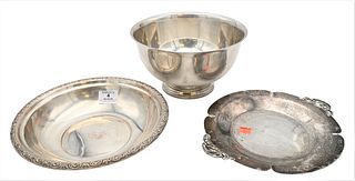 Three Sterling Silver Pieces, to include a large Paul Revere bowl, a Whiting Danish style tray, along with an International Sterling prelude bowl, 39.