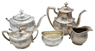 Gorham Six Piece Sterling Silver Tea and Coffee Set, to include one pot with handle off (handle available), teapot height 9 inches, 86 t.oz.