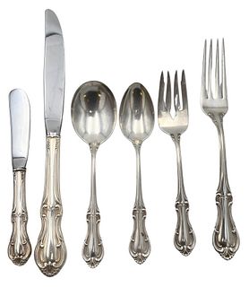 67 Piece American Sterling Silver Flatware Set, in the 'Joan of Arc' pattern, to include 12 soup spoons, 12 dinner forks, 11 salad forks, 11 teaspoons