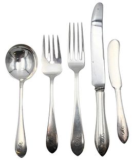 Sterling Silver Partial Flatware Set, to include 8 soup spoons, 8 salad forks, 8 luncheon forks, 7 butter knives, 8 weighted dinner knives; 38.7 t.oz.