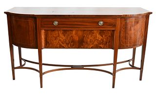 Custom Mahogany Bench Made Federal Style Sideboard, having two drawers flanked by doors, on square tapered legs with elliptical stretchers and banded 