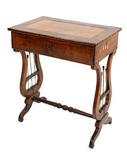 George III Walnut Work Table, having inset leather and one drawer, circa 1840, height 30 inches, top 16 3/4 x 26 3/4 inches, Provenance: Connecticut P