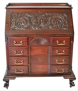 Mahogany Blockfront Desk, having carved slant lid, attributed to R.J. Horner, height 43 inches, width 35 inches.
