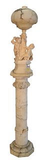 Two Piece Lot, to include alabaster lamp mounted with putti and alabaster mushroom shade; along with marble pedestal having 3D carved flowers, (shade 
