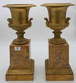 Pair of Empire Style Bronze and Marble Urns, each campana form on raised marble pedestal base, height 19 1/2 inches.