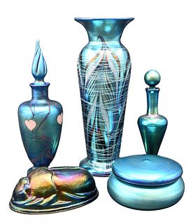 Five Piece Lundberg Art Glass Lot, to include two bud vases, a threaded tall vase, a covered box along with a scarab.