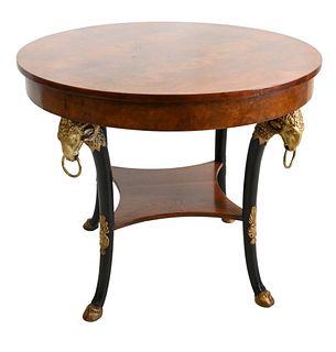 Round Burlwood Table, having ram head supports on legs, ending in hoof feet, height 29 1/4 inches, diameter 36 inches.