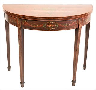 George III Mahogany Demilune Game Table, on square tapered legs having paint decoration, height 29 1/2 inches, width 36 inches, depth 18 inches, (crac