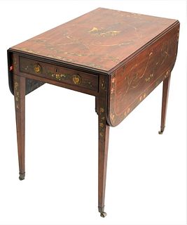 George III Mahogany Pembroke Dropleaf Table, having drawer on square tapered legs with paint decorated top and legs, circa 1800, height 29 inches, top