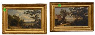 Pair of Country Landscapes, oil on boards, depicting a farm landscape with figure and animals, 6 x 10 inches.